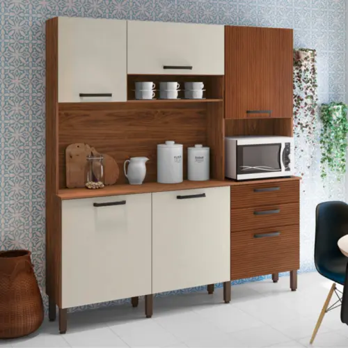 Cozinha Ferrara Compacta com 06 Portas 02 Gavetas 8930 Nogueira Off White/Ripado FCI - Kits Paraná