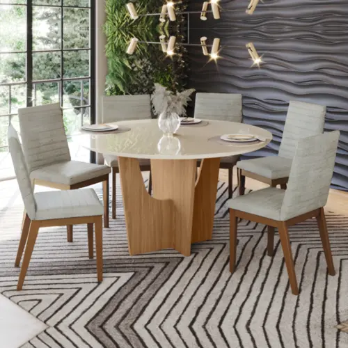 Conjunto de Mesa Vertice Redonda com 06 Cadeiras Elena 1.4 SE758-507 Nature/Off White Linho - Henn