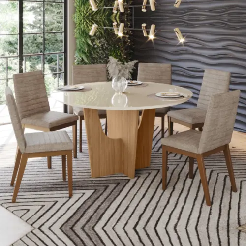 Conjunto de Mesa Vertice Redonda com 06 Cadeiras Elena 1.4 SE758-541 Nature/Off White Creme - Henn
