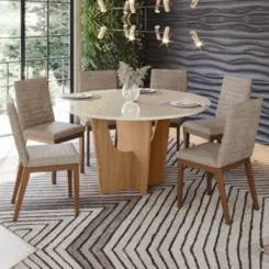 Conjunto de Mesa Vertice Redonda com 06 Cadeiras Elena 1.4 SE758-541 Nature/Off White Creme - Henn