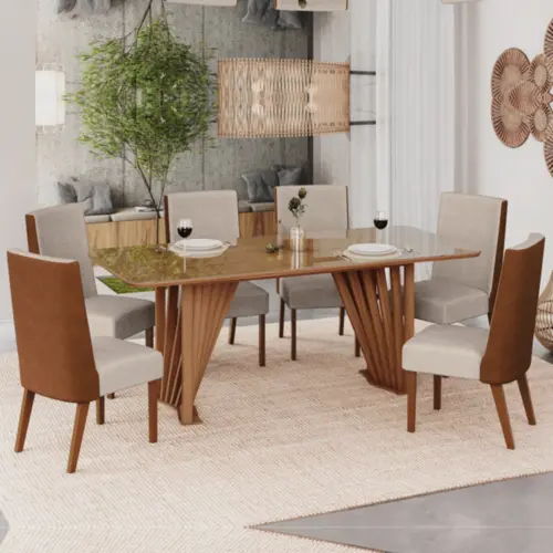 Conjunto de Mesa Adriana com 06 Cadeiras Anne 2.0 SE755-531 Nature/Courano Linho - Henn