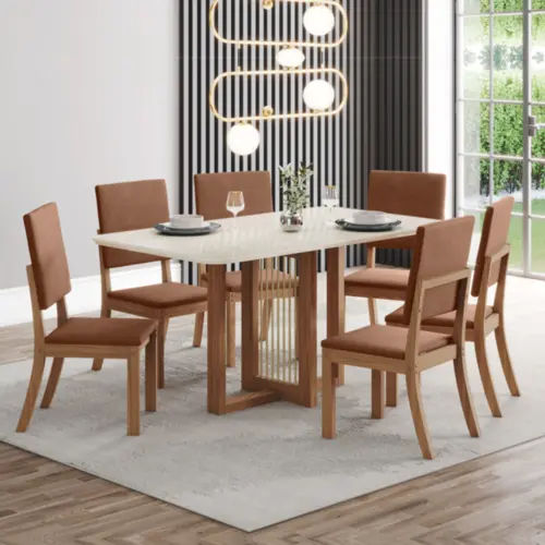 Conjunto de Mesa Natali com 06 Cadeiras Milla Plus 1.6 SE752-537 Nature/Corano Caramelo - Henn