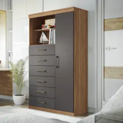 Cômoda Maraba Multiuso com Pés 1 Porta 6 Gavetas 1.6 Jequitibá/Grafite - Santos Andirá