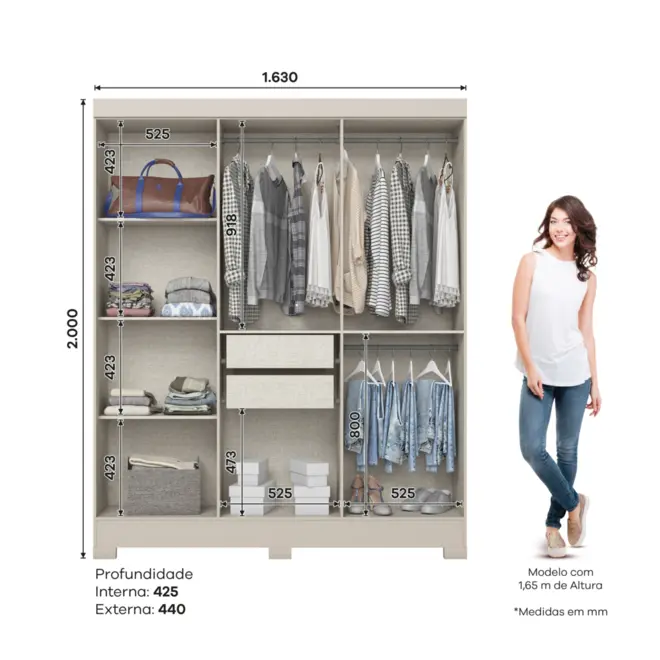 Roupeiro Briz 6 Portas 2 Gavetas B73-178 Cristal/Off White - Henn