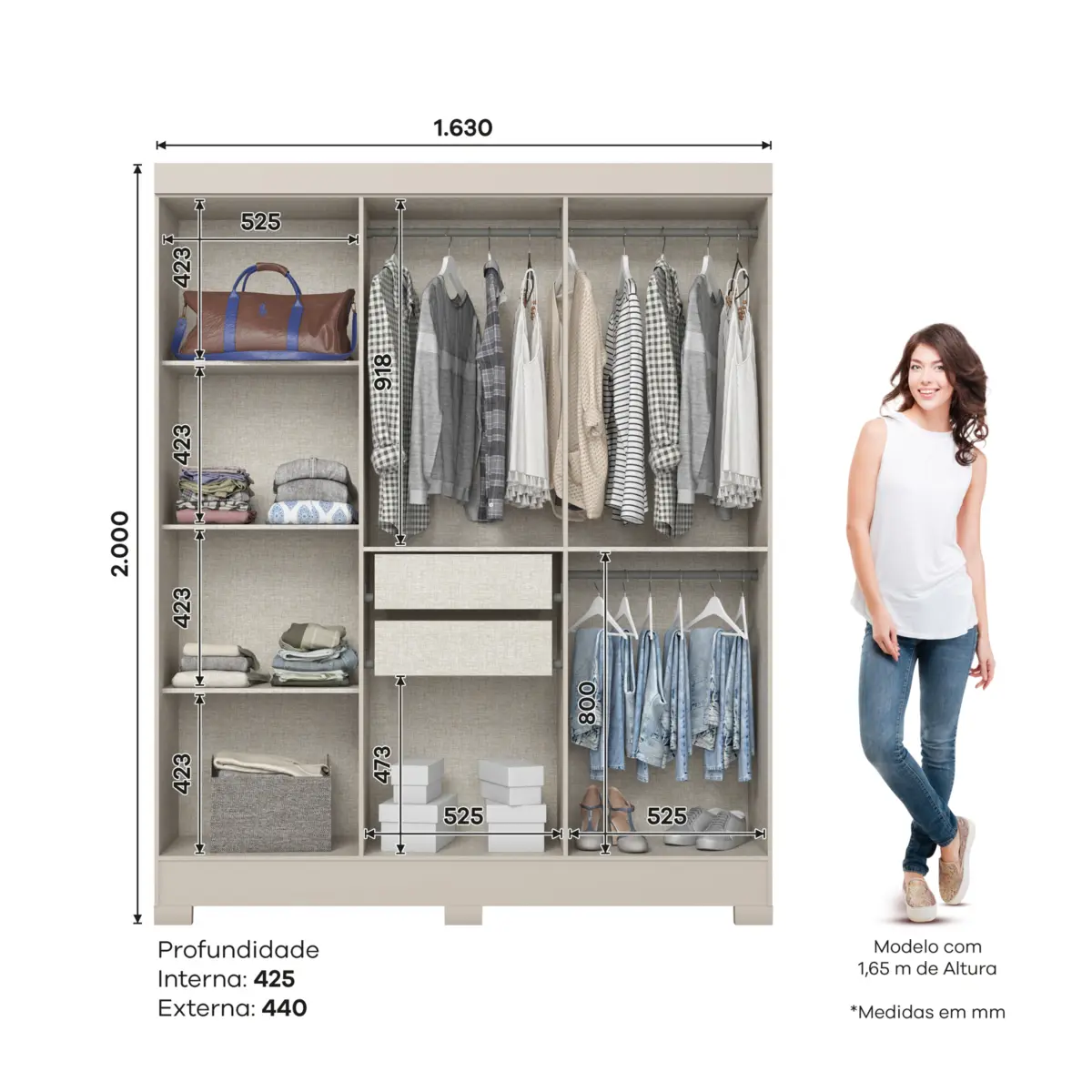 Roupeiro Briz 6 Portas 2 Gavetas B73-178 Cristal/Off White - Henn