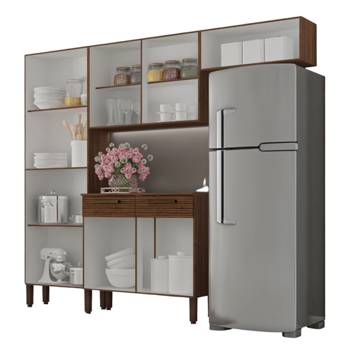 Cozinha Nala Compacta Reflecta com 10 Portas 02 Gavetas 8930 Nogueira/Off White - Kit's Paraná