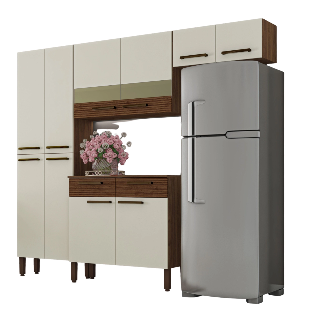 Cozinha Nala Compacta Reflecta com 10 Portas 02 Gavetas 8930 Nogueira/Off White - Kit's Paraná