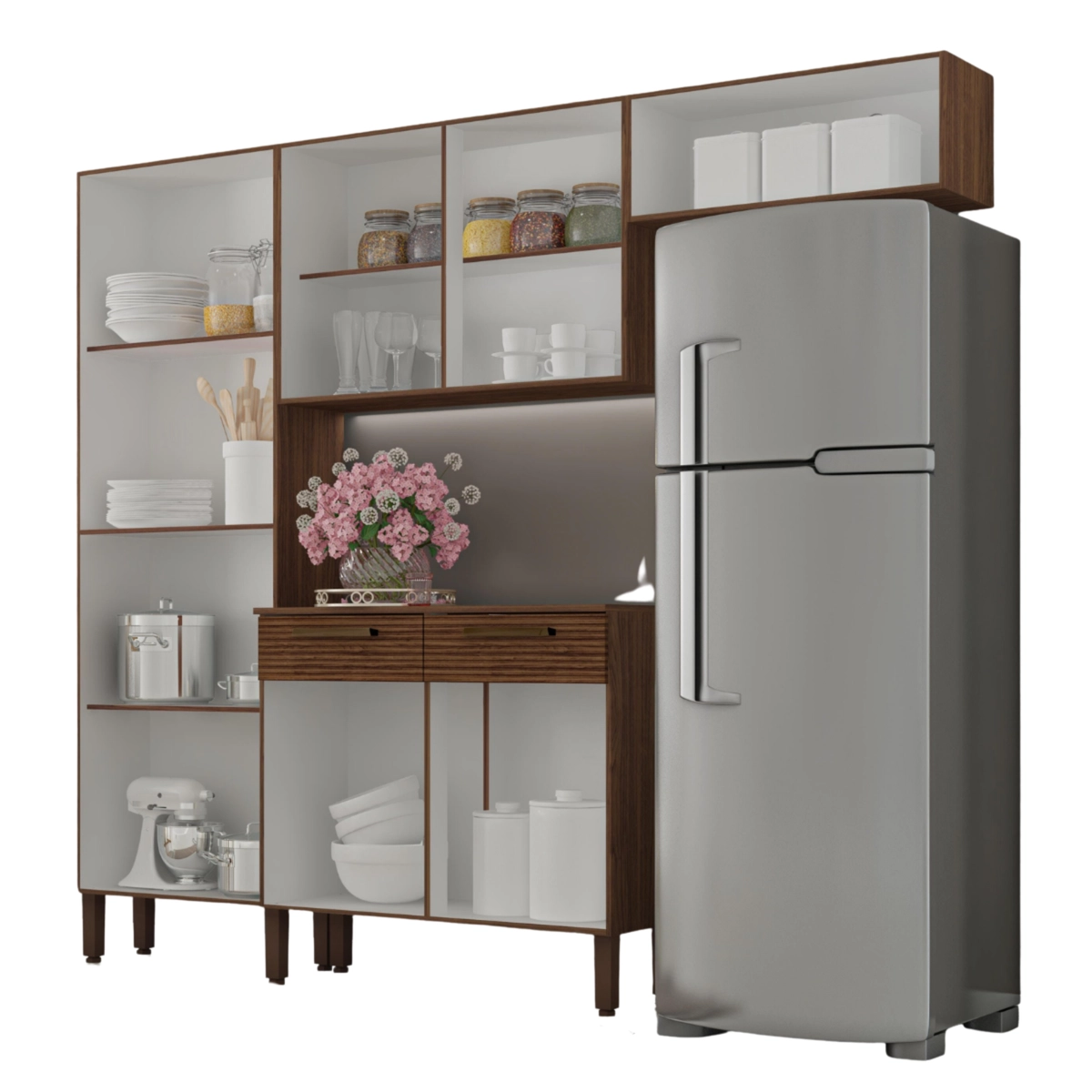 Cozinha Nala Compacta Reflecta com 10 Portas 02 Gavetas 8930 Nogueira/Off White - Kit's Paraná