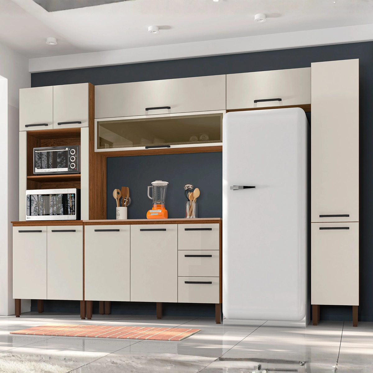 Cozinha Ametista Compacta com 11 Portas 03 Gavetas SEQ16 Nogueira/Off White - Kit's Paraná