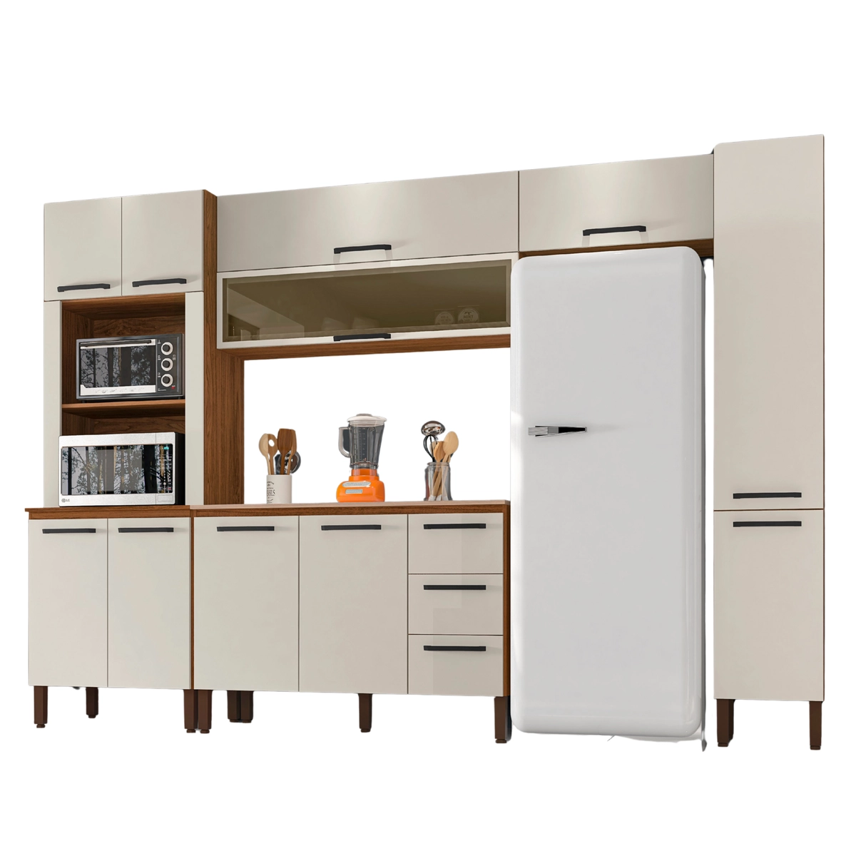 Cozinha Ametista Compacta com 11 Portas 03 Gavetas SEQ16 Nogueira/Off White - Kit's Paraná