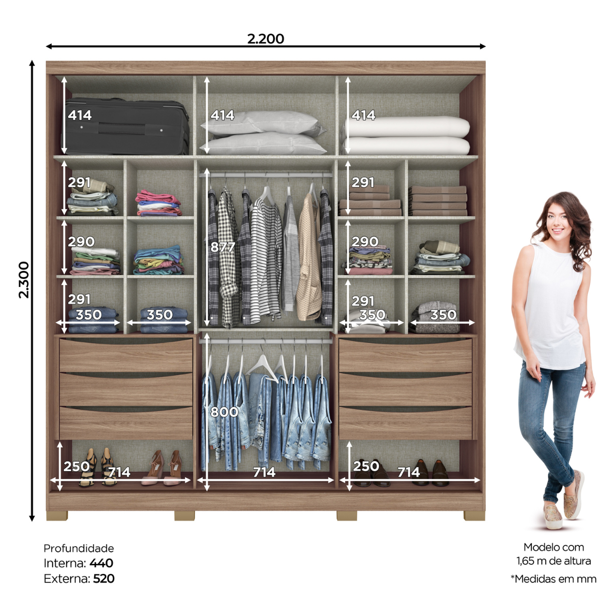 Roupeiro Orleans com Espelho 2 Portas Deslizantes 6 Gavetas D312-198 ...