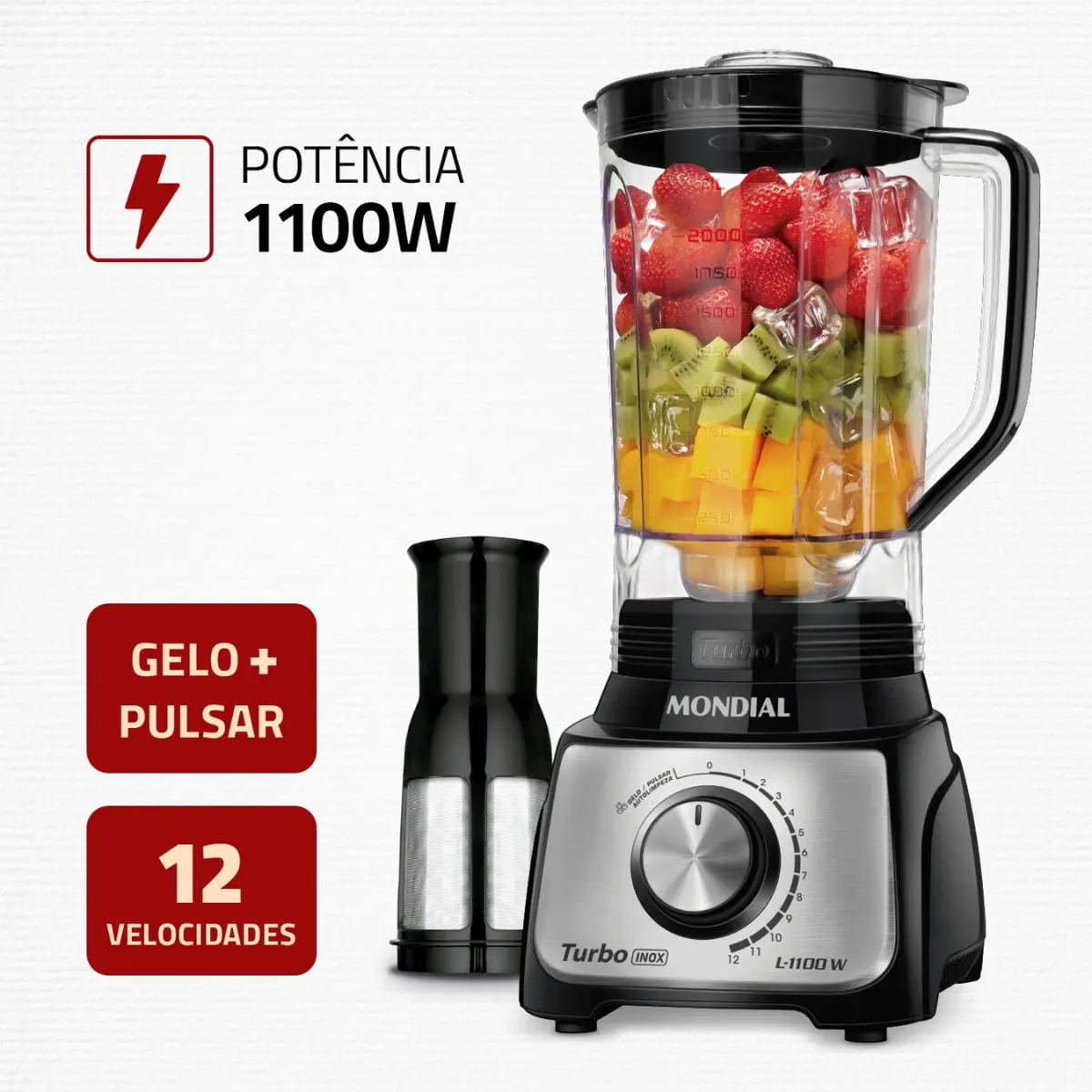 Liquidificador Turbo Inox 12 Velocidades + Pulsar 3L L-1100-BI 127v Inox/Preto - Mondial