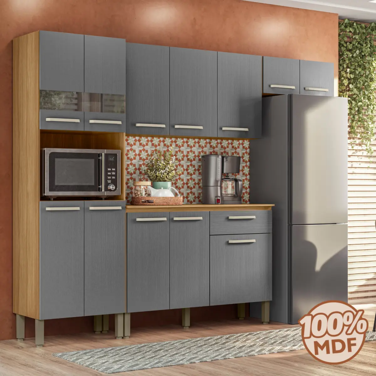 Cozinha Versalhes Plus com 12 Portas 01 Gaveta MDF 8977 Freijó/Gris - Kit's Paraná
