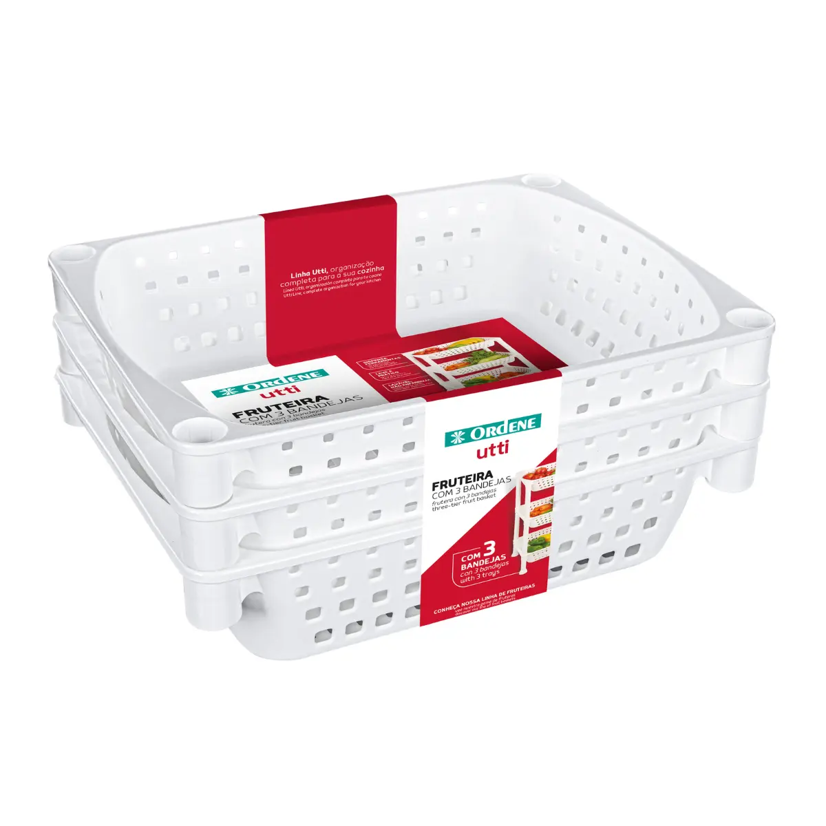 Fruteira Plástica com 3 Bandejas 10101 Branco - Ordene