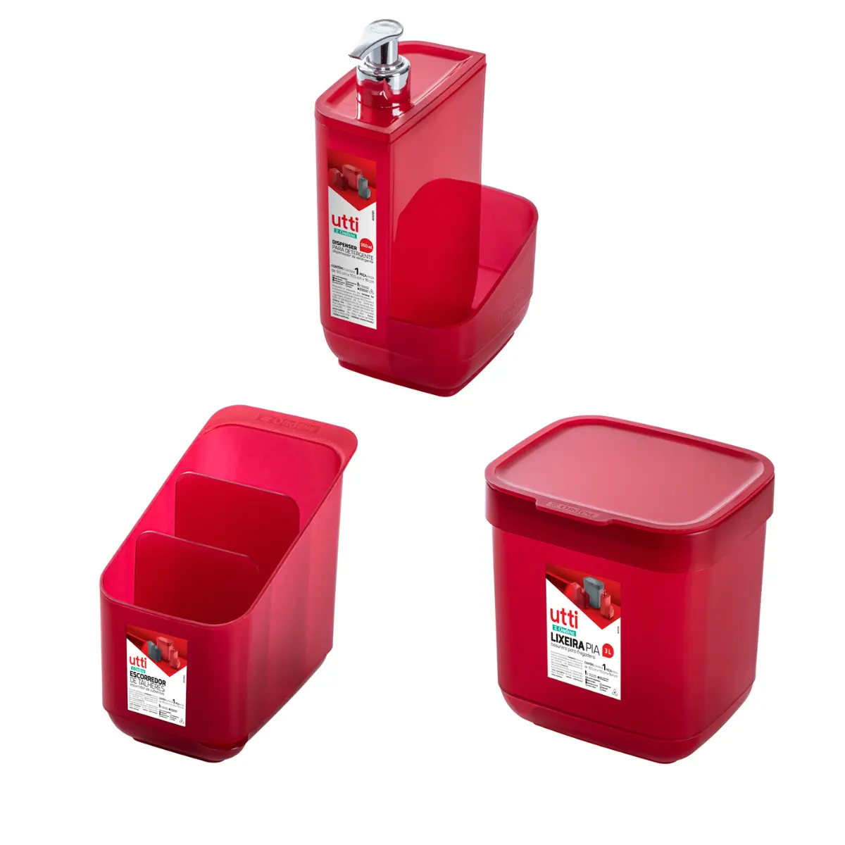 Kit Para Pia Plástico com 3 Unidades OR46030 Vermelho - Ordene