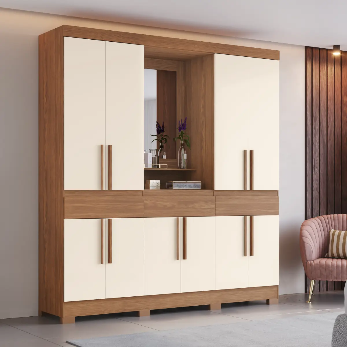 Roupeiro Briz com Espelho 10 Portas 3 Gavetas B374-127 Nature/Off