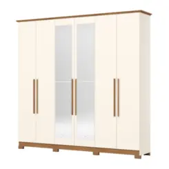 Roupeiro Vigo Casal com Espelho 6 Portas 3 Gavetas DE305-129 Nature/Off White - Henn