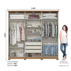 Roupeiro Vigo Casal com Espelho 6 Portas 3 Gavetas DE305-129 Nature/Off White - Henn