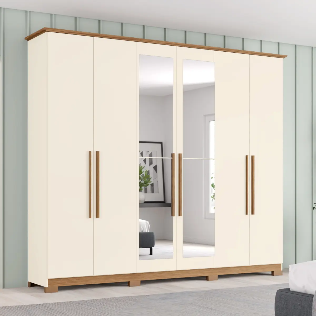 Roupeiro Vigo Casal com Espelho 6 Portas 3 Gavetas DE305-129 Nature/Off White - Henn