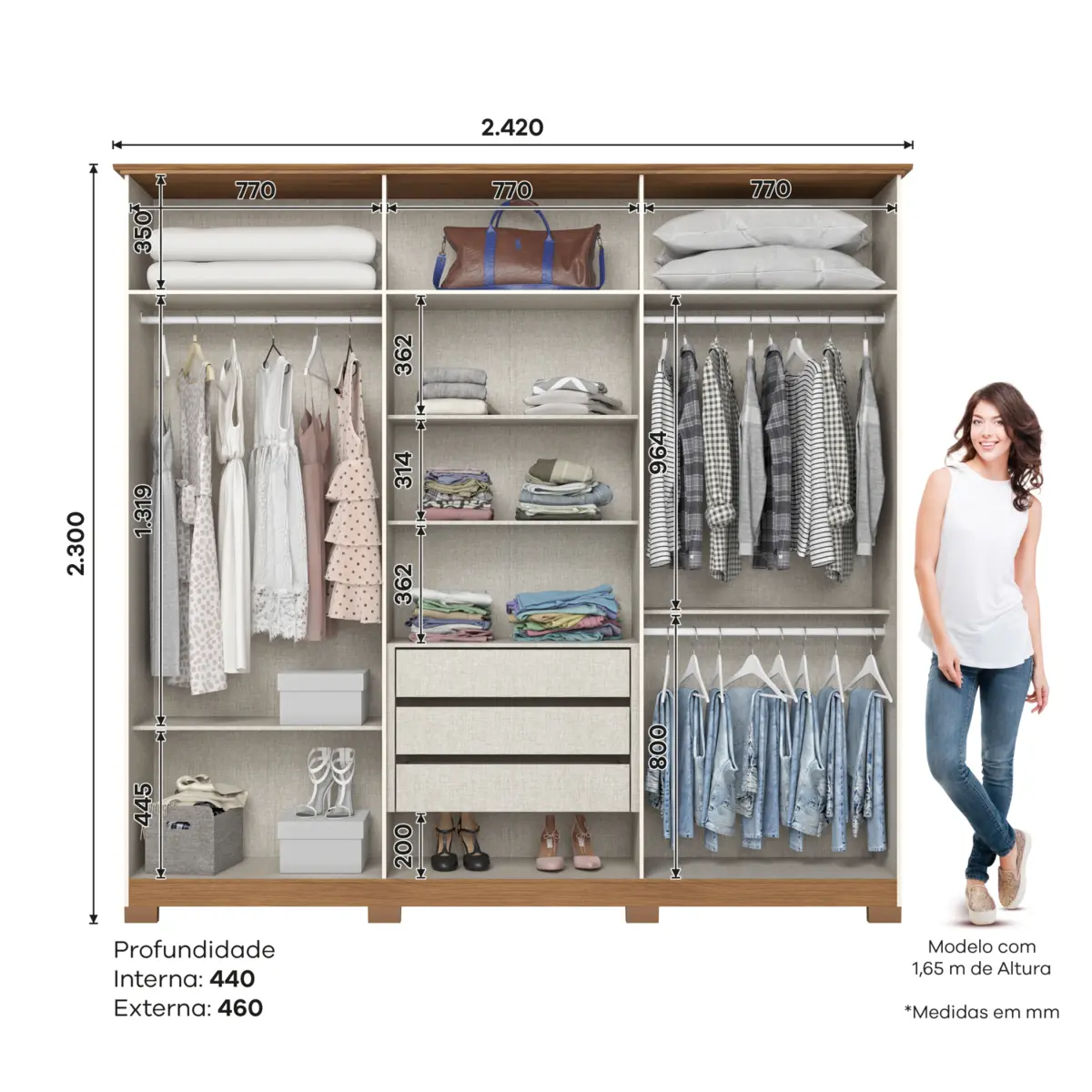 Roupeiro Vigo Casal com Espelho 6 Portas 3 Gavetas DE305-129 Nature/Off White - Henn