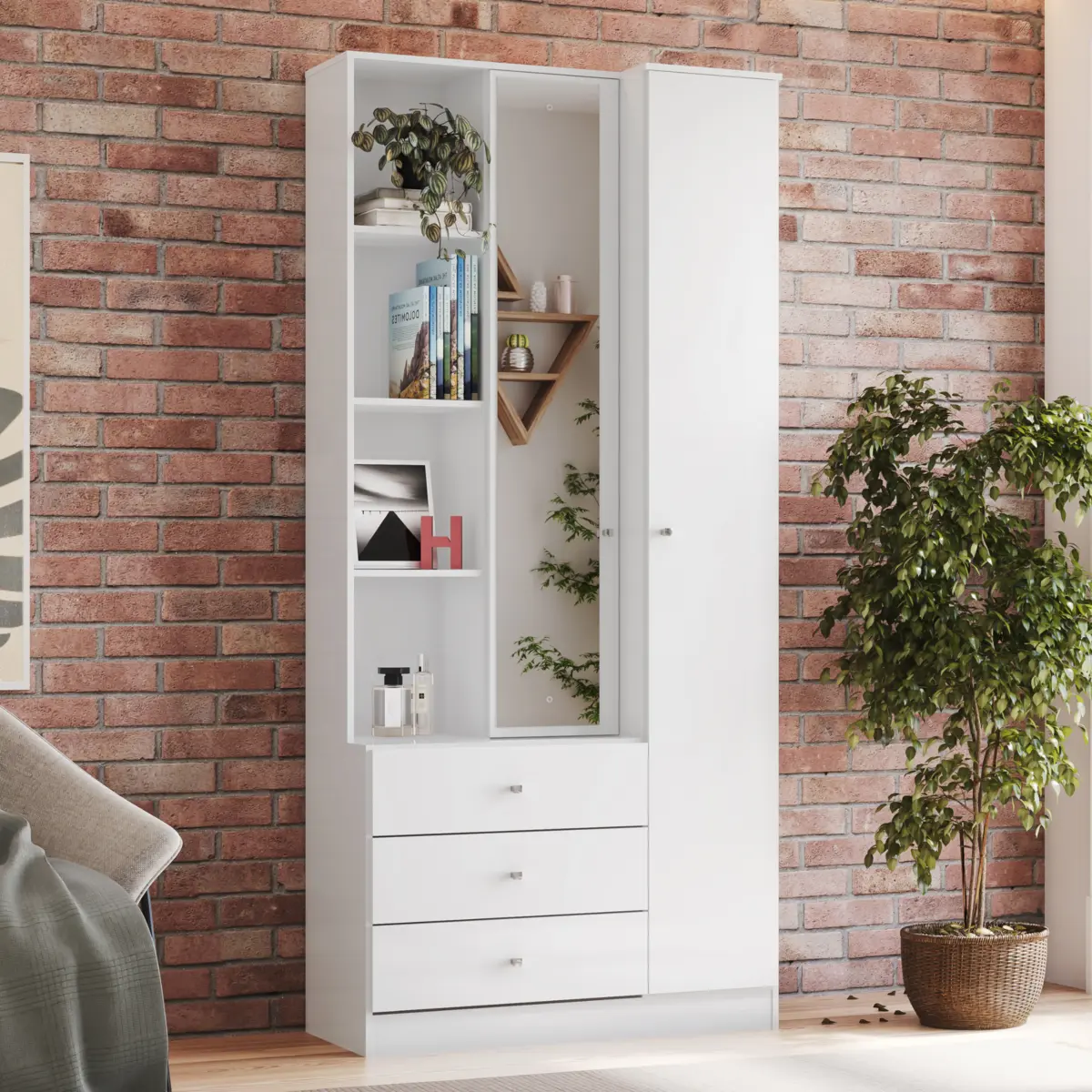 Roupeiro Doha Multiuso com Espelho 2 Portas 3 Gavetas D332-10 Branco - Henn