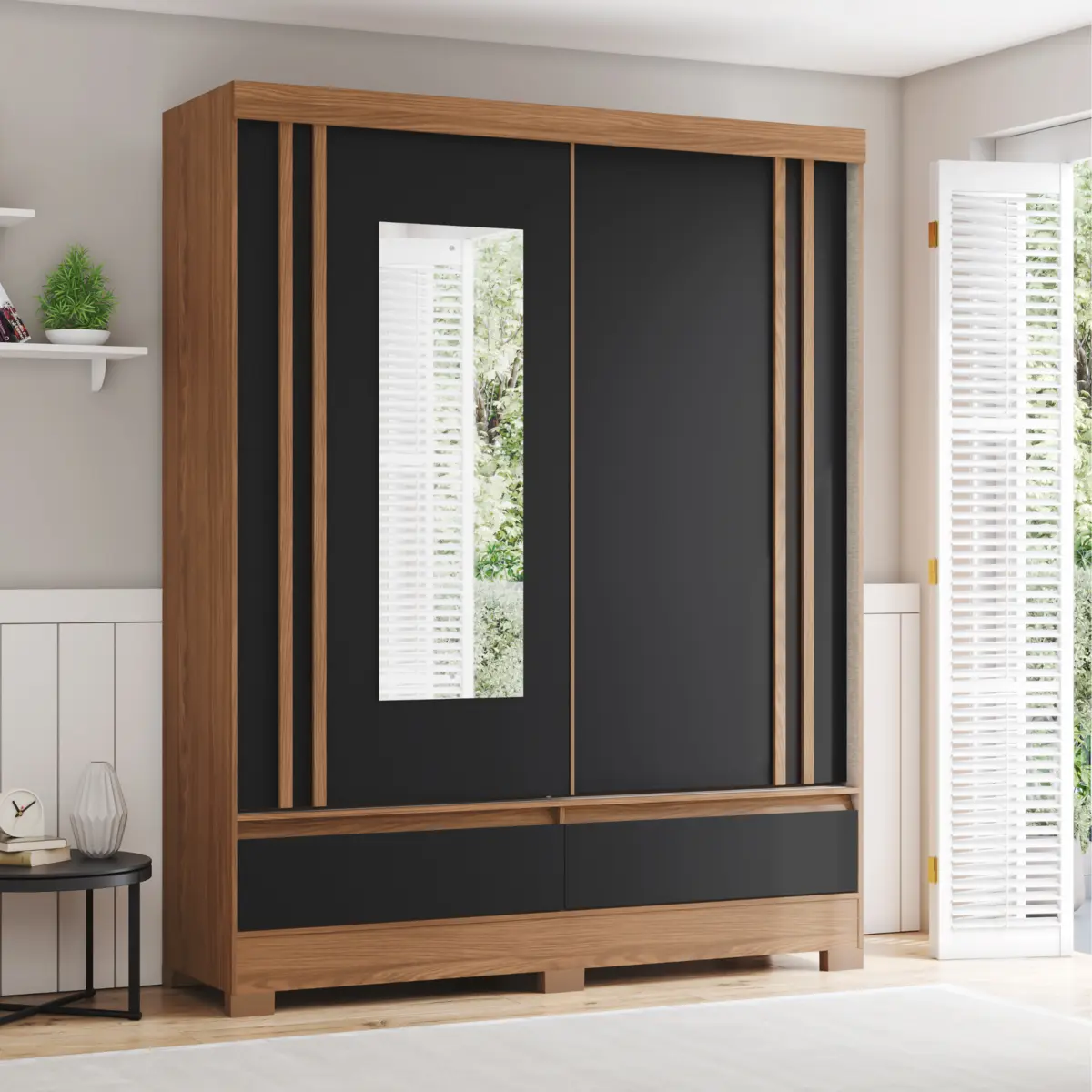 Roupeiro Briz Flex com Espelho 2 Portas Deslizantes BE416-202 Nature/Off White/Preto - Henn