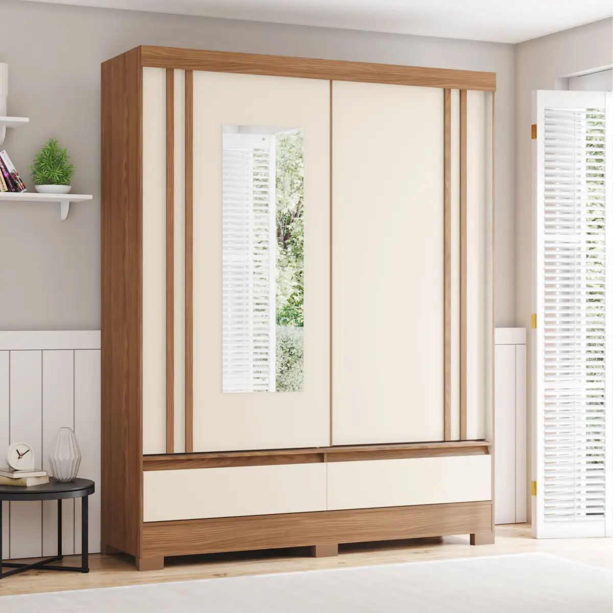 Roupeiro Briz Flex com Espelho 2 Portas Deslizantes BE416-202 Nature/Off White/Preto - Henn