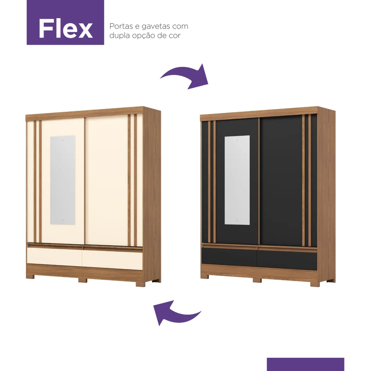 Roupeiro Briz Flex com Espelho 2 Portas Deslizantes BE416-202 Nature/Off White/Preto - Henn