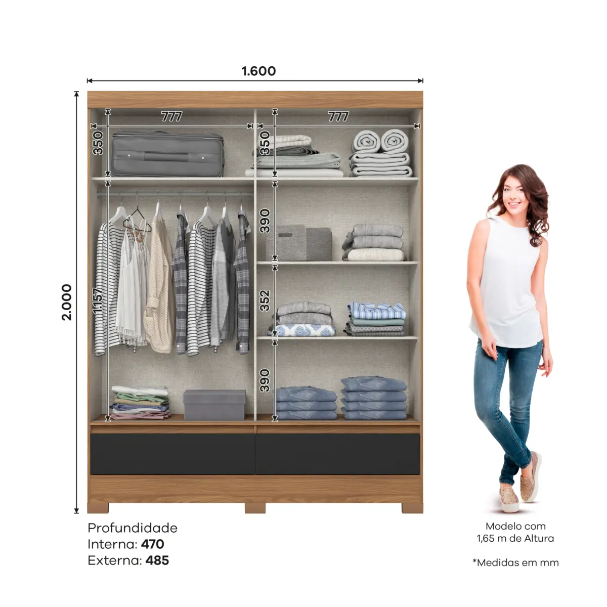 Roupeiro Briz Flex com Espelho 2 Portas Deslizantes BE416-202 Nature/Off White/Preto - Henn