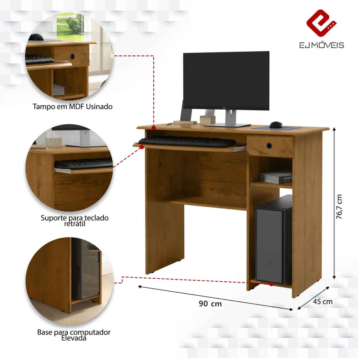 Mesa Para Computador Viena com 1 Gaveta 2 Preteleiras 06665 Freijó - EJ MÓVEIS