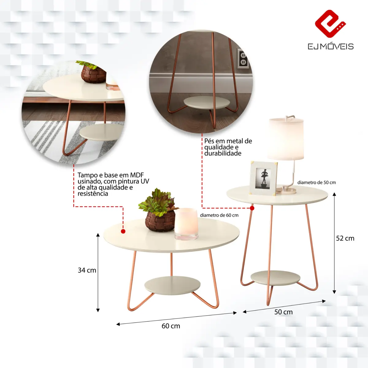 Conjunto Mesa de Centro Liz Sofisticada 21715 Off White - EJ MÓVEIS