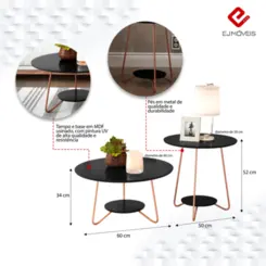 Conjunto Mesa de Centro Liz Sofisticada 21720 Preto - EJ MÓVEIS