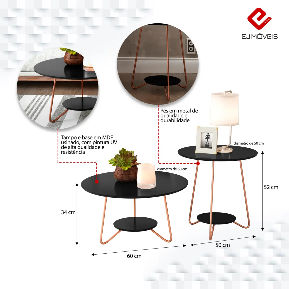 Conjunto Mesa de Centro Liz Sofisticada 21720 Preto - EJ MÓVEIS