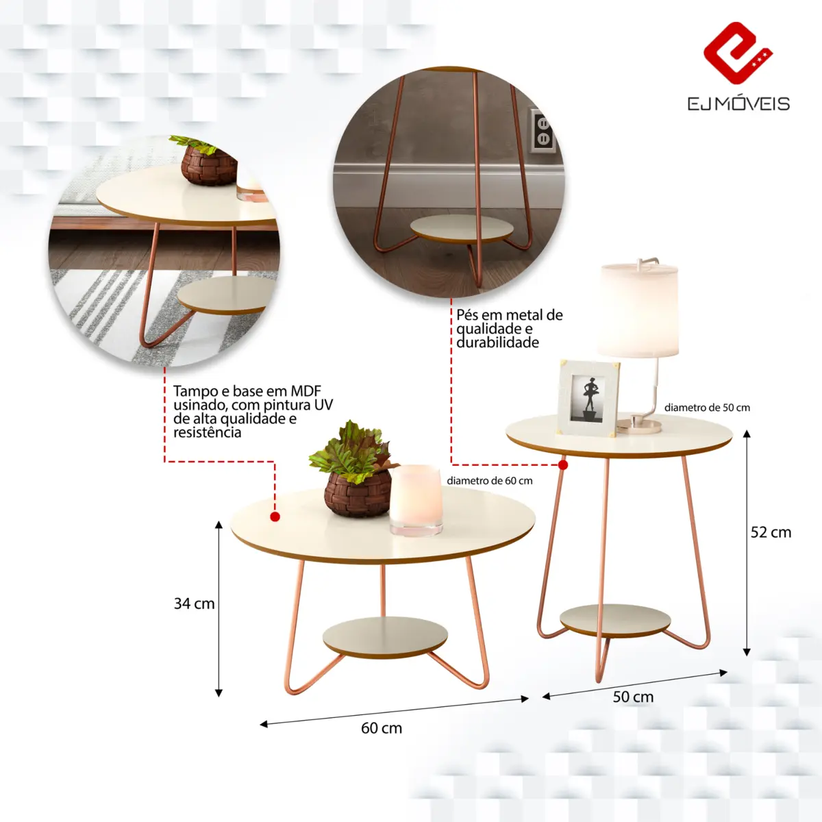 Conjunto Mesa de Centro Liz Sofisticada 21755 Freijó/Off White - EJ MÓVEIS