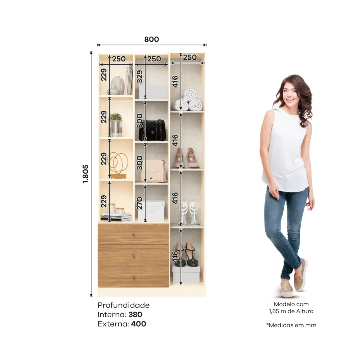 Roupeiro Doha Multiuso com Espelho 2 Portas 3 Gavetas D332-129