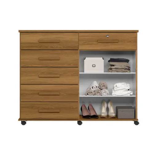 Cômoda Platina com 2 Porta 6 Gavetas Rodízios 903960 Freijó - Lukaliam