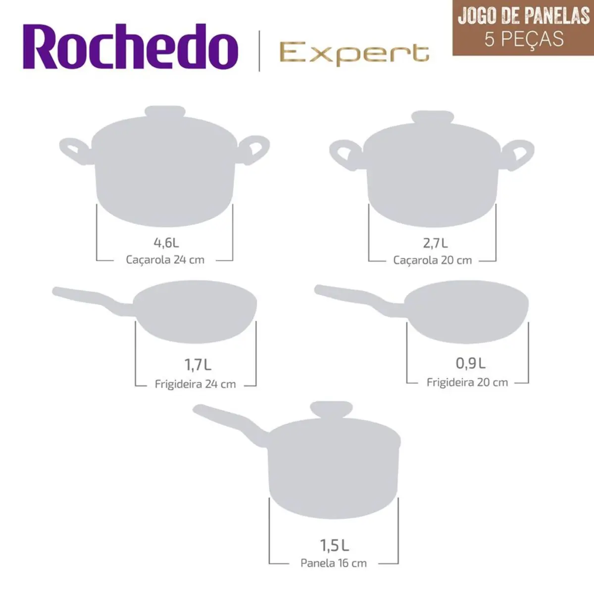 Jogo de Panelas Experte 5 Peças Antiaderente 5821500 Chocolate - Rochedo