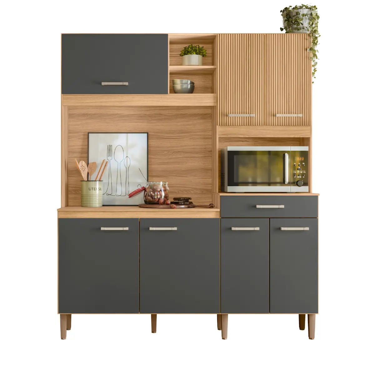 Kit Cozinha Yara com 07 Portas 01 Gaveta 160 Freijó/Chumbo Ripado - Nicioli