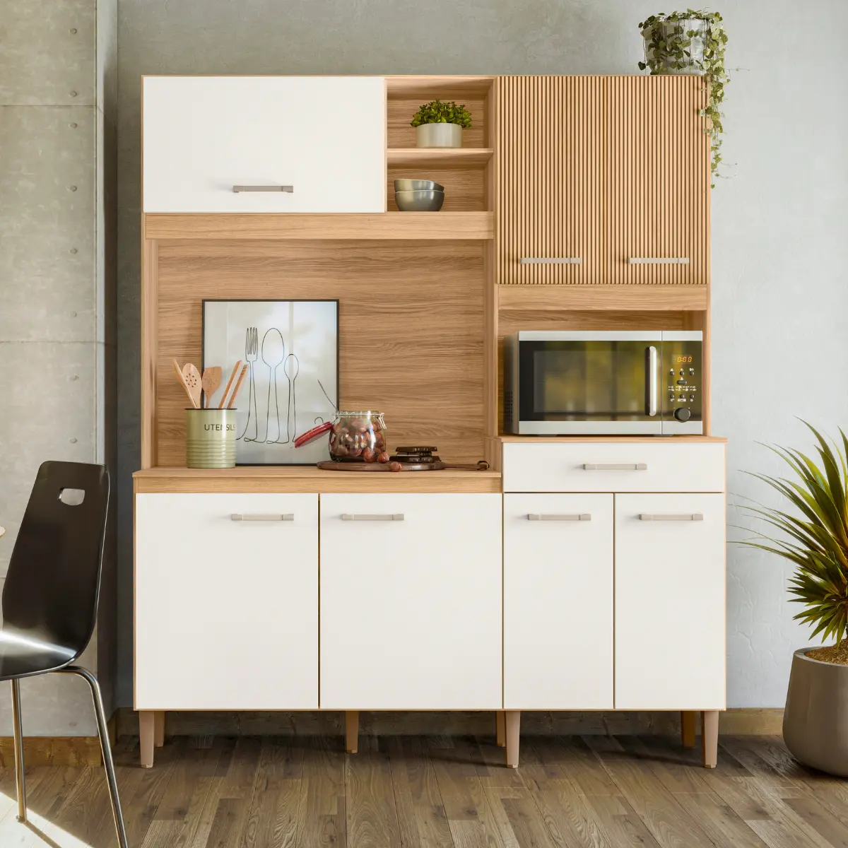 Kit Cozinha Yara com 07 Portas 01 Gaveta 160 Feijó/Off White Ripado - Nicioli