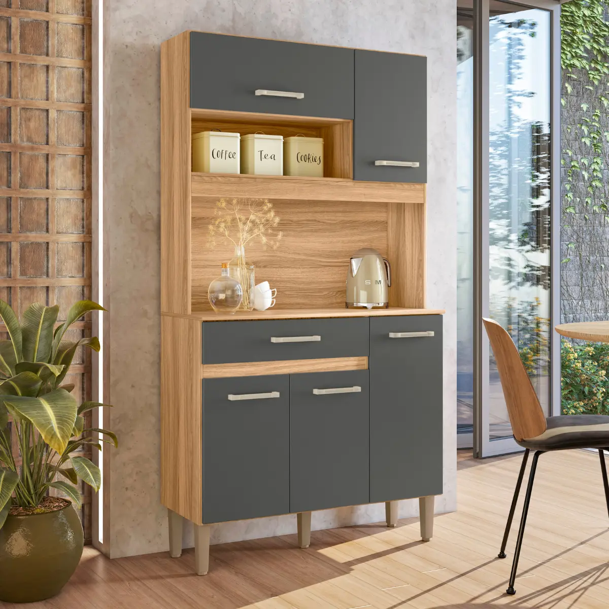 Kit Cozinha Magazin com 05 Portas 01 Gaveta 90 Freijó/Chumbo - Nicioli