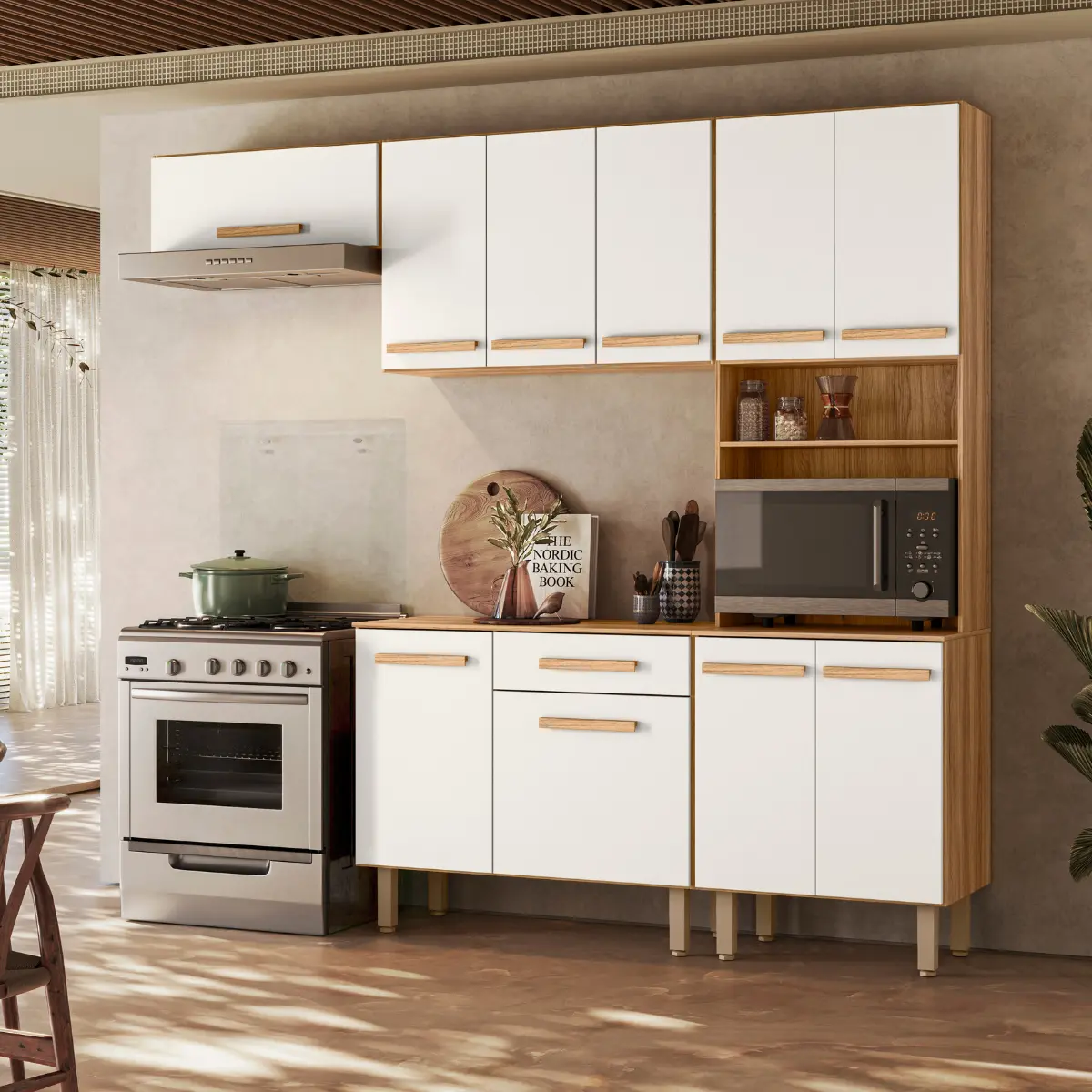 Cozinha Lemon com 10 Portas 1 Gaveta e Balcão Freijó/Off White Cristal - Nicioli