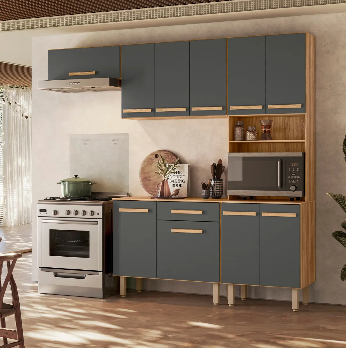Cozinha Lemon com 10 Portas 1 Gaveta e Balcão Freijó/Chumbo - Nicioli