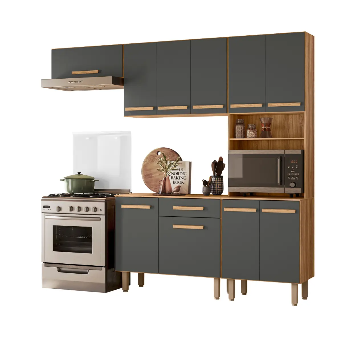 Cozinha Lemon com 10 Portas 1 Gaveta e Balcão Freijó/Chumbo - Nicioli