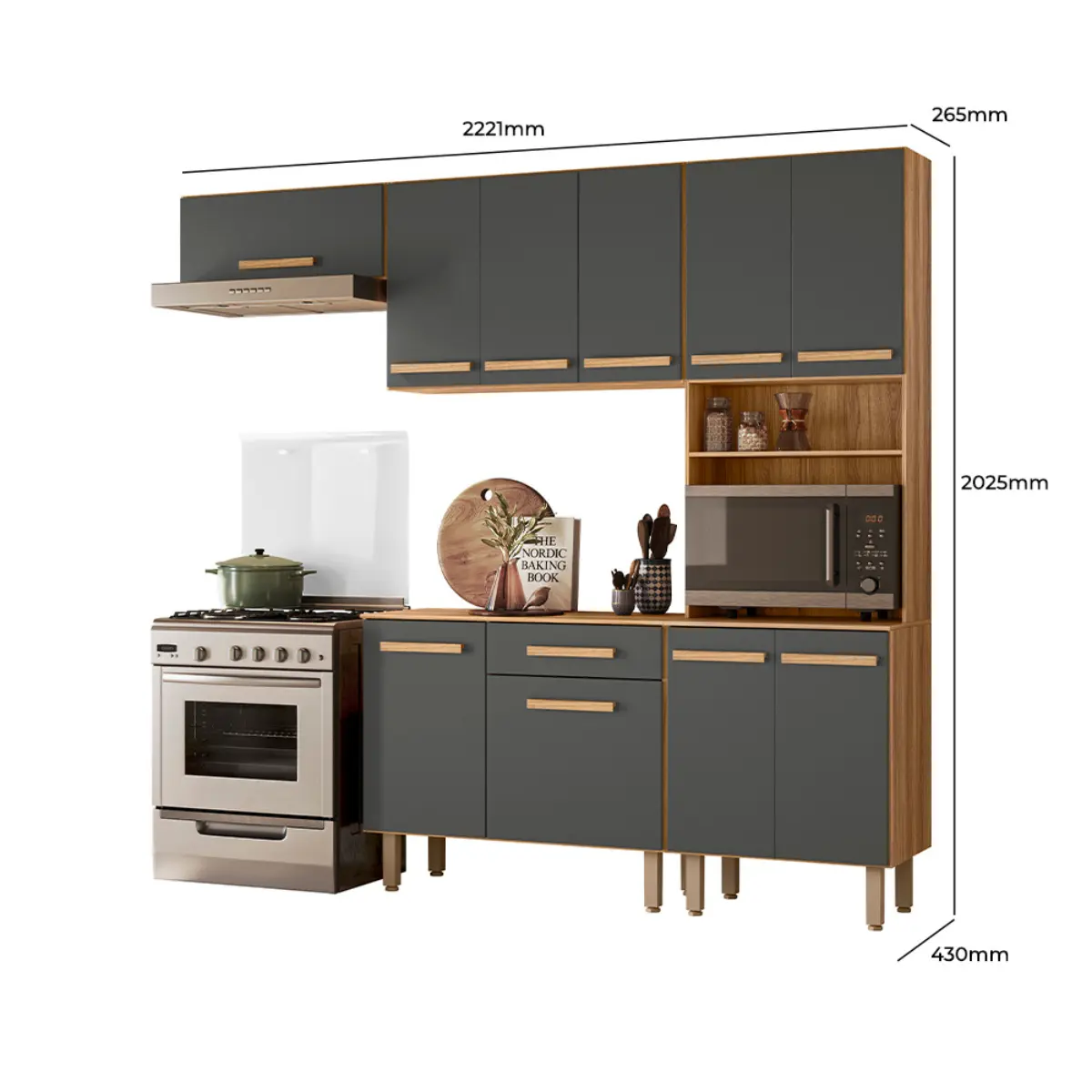 Cozinha Lemon com 10 Portas 1 Gaveta e Balcão Freijó/Chumbo - Nicioli