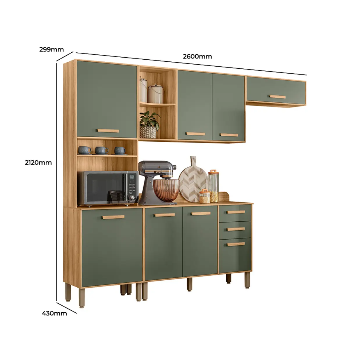 Cozinha Maria Flor com 08 Portas 02 Gavetas Balcão Freijó/Verde - Nicioli