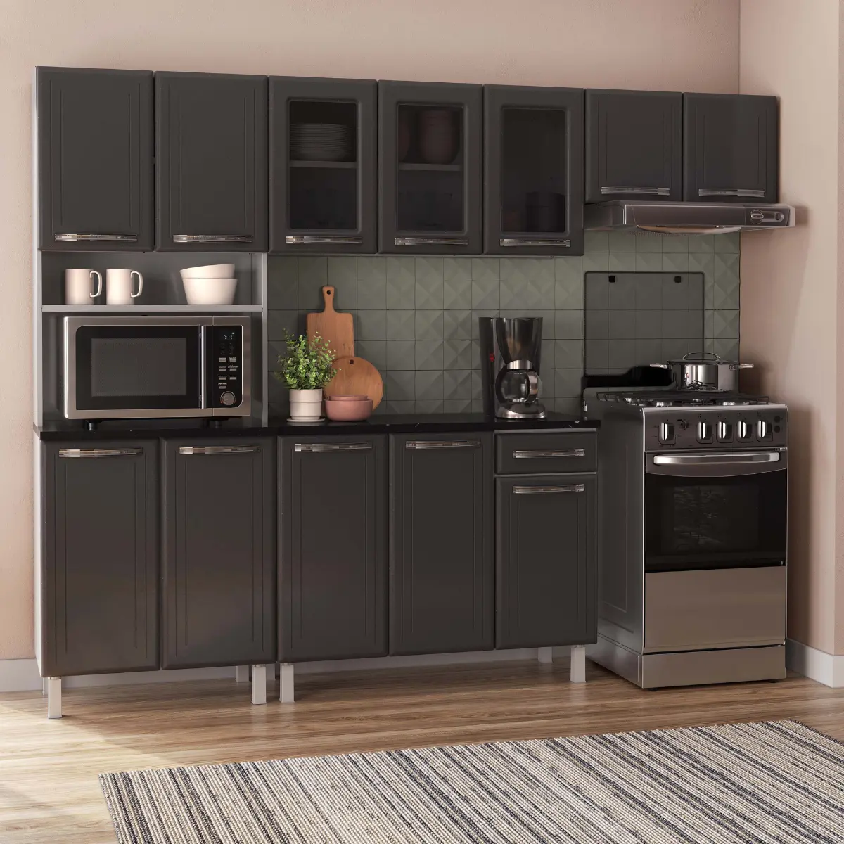 Cozinha Esmeralda Compacta em Aço com Balcão 12 Portas 01 Gaveta 89 Cinza - Telasul
