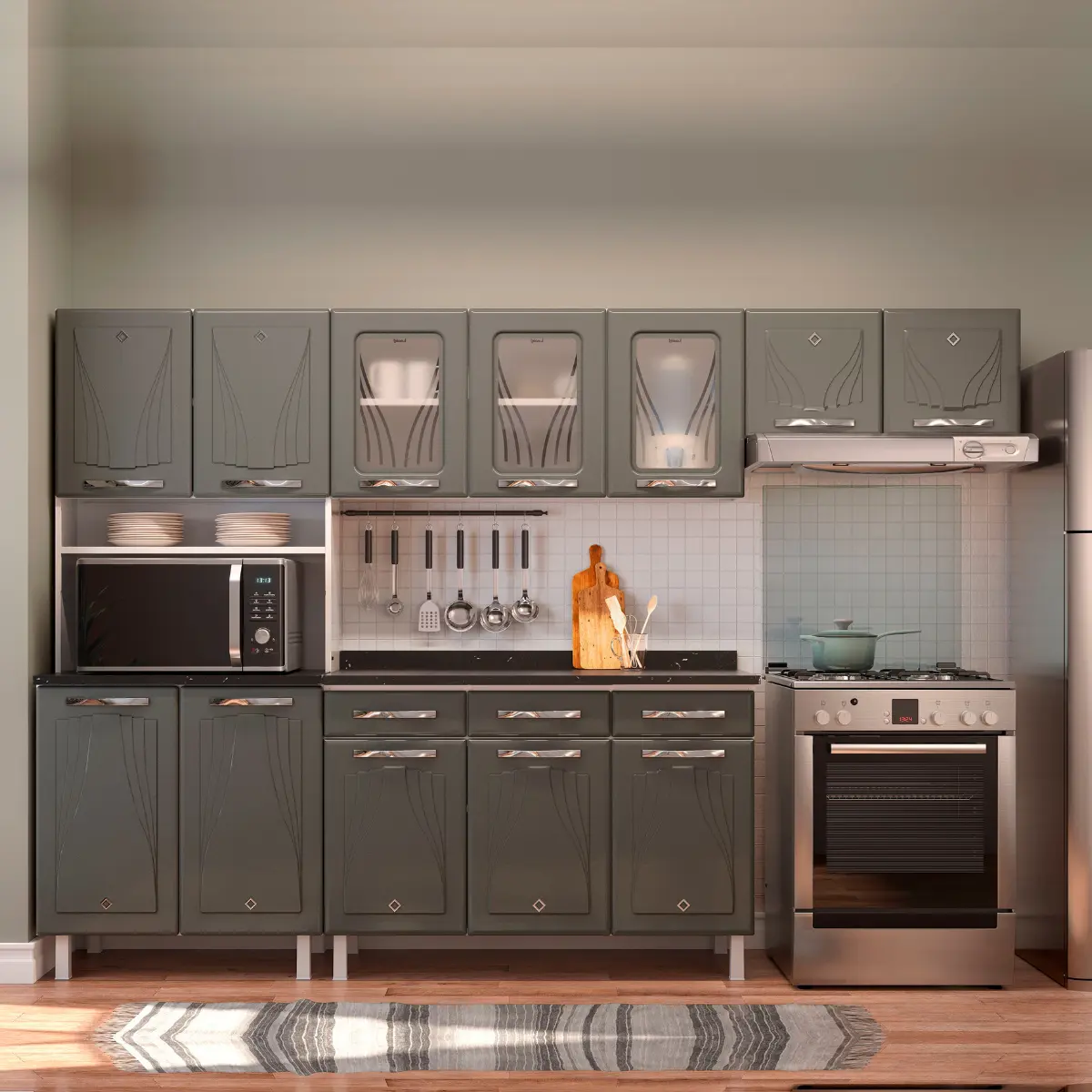 Cozinha Star New em Aço com Balcão 12 Portas 03 Gavetas 95 Cinza - Telasul