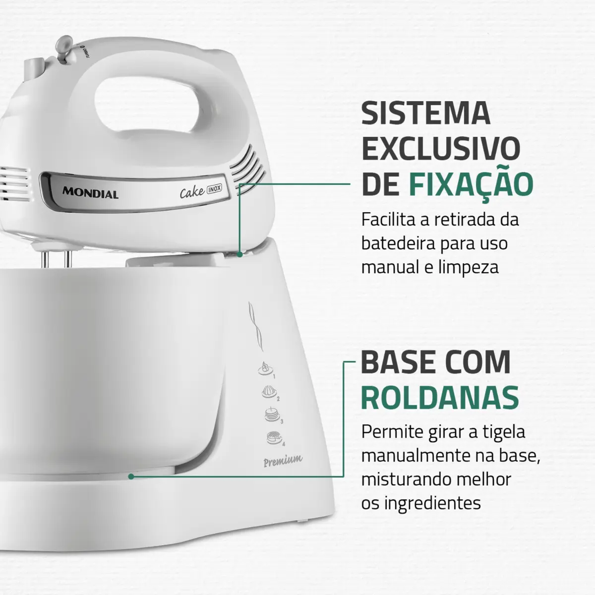 Batedeira Cake Inox Premium 4 Velocidades + Turbo 4L B-50-W 127v Branco - Mondial