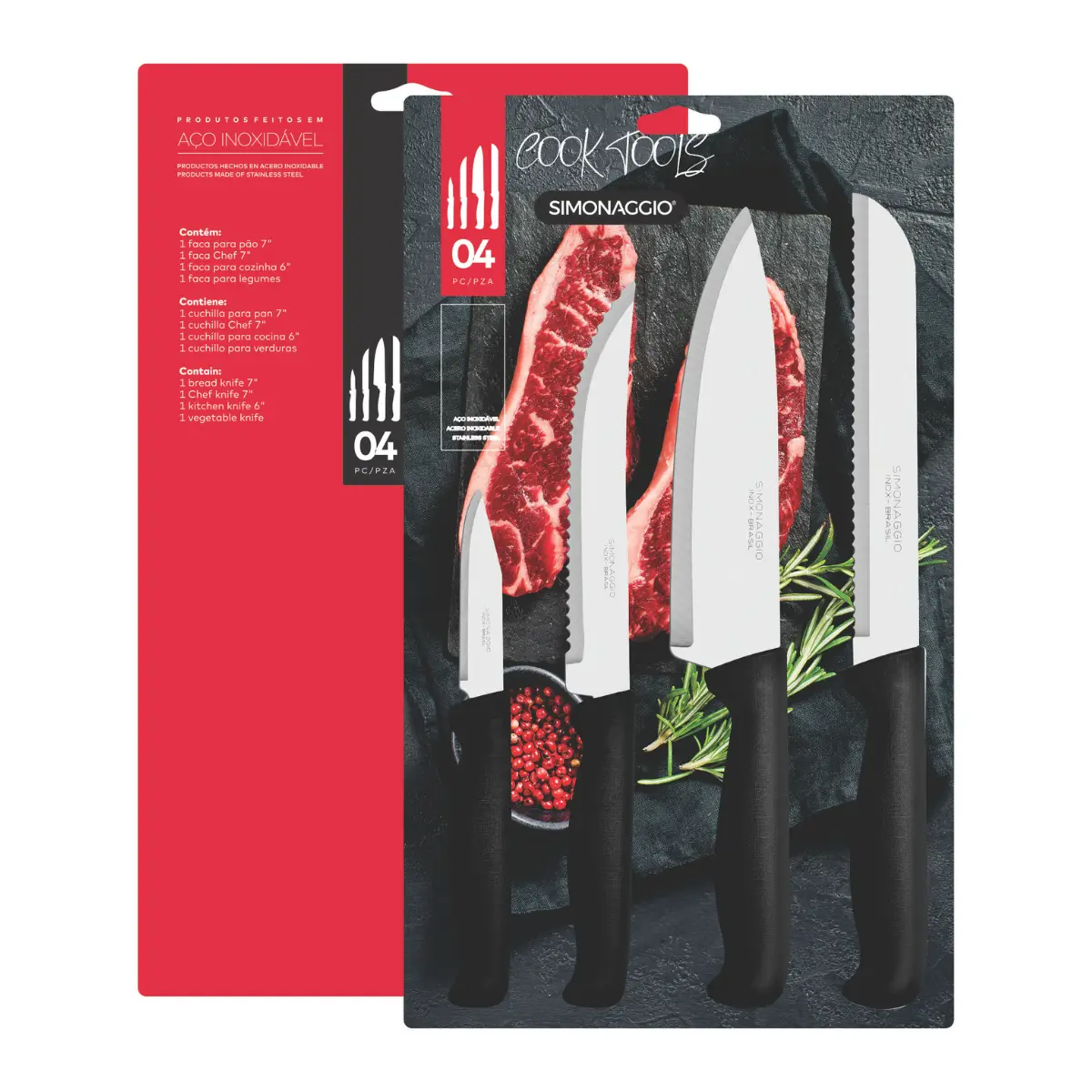 Conjunto de Facas Cook Tools com 04 Peças Aço Inox e Cabo de Plástico Preto - Simonaggio