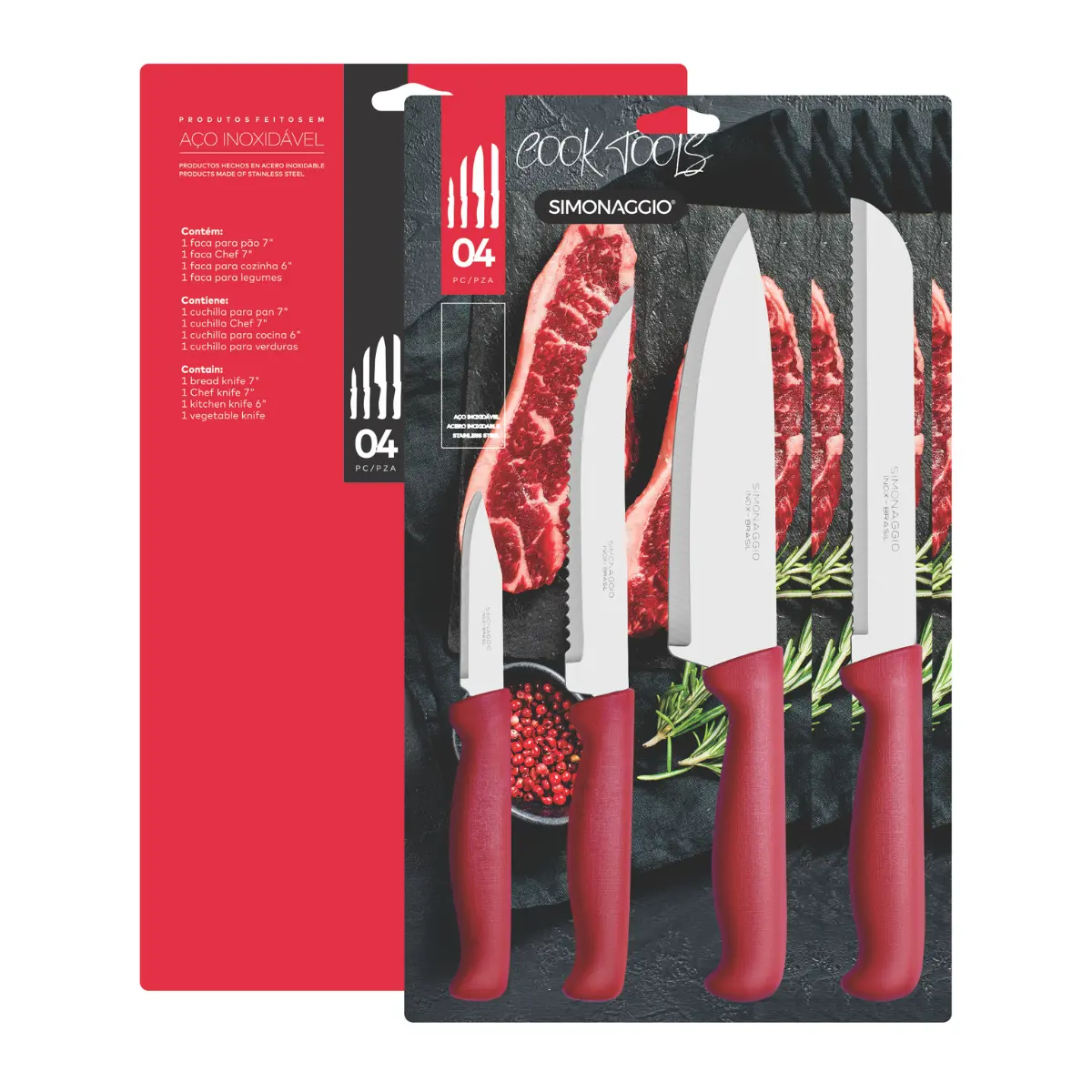 Conjunto de Facas Cook Tools com 04 Peças Aço Inox e Cabo de Plástico Vermelho - Simonaggio